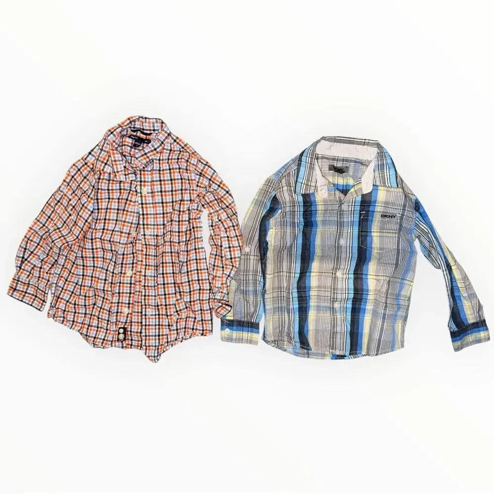Lot of 7 Boys Plaid Button Down Shirts Size 4 Mixed Brands DKNY Cherokee Gap